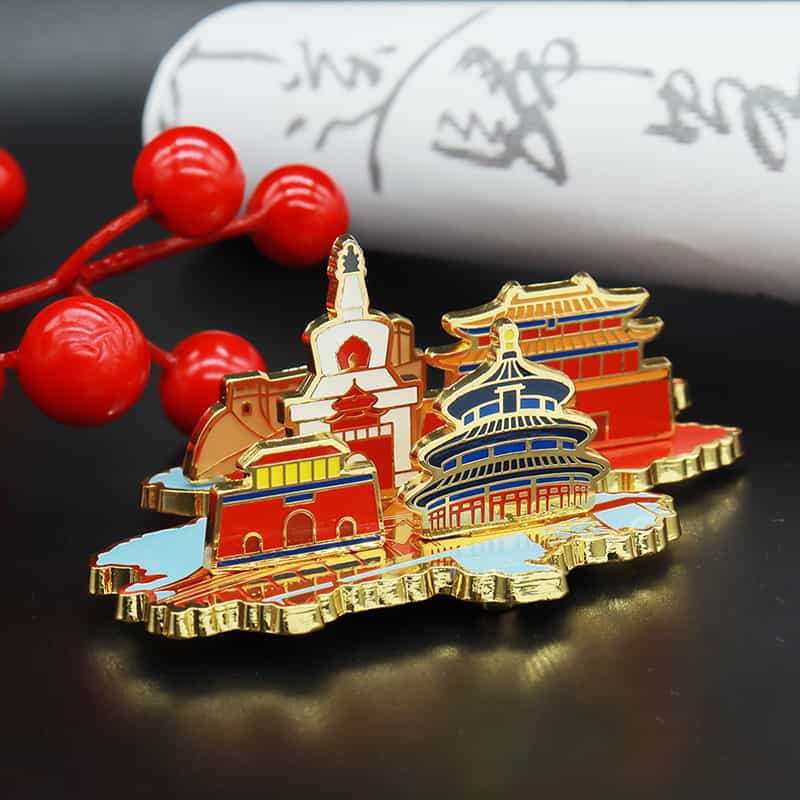 Metal Assembled Luxury Colorful Chinese Architecture Badge Hard Enamel Lapel Pin Ornament Set with Gift Box