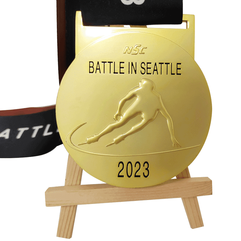 Zinc Alloy Die Casted Double Painted Matte Gold Speed Skating Competition Embossed Medal with Black Lanyard