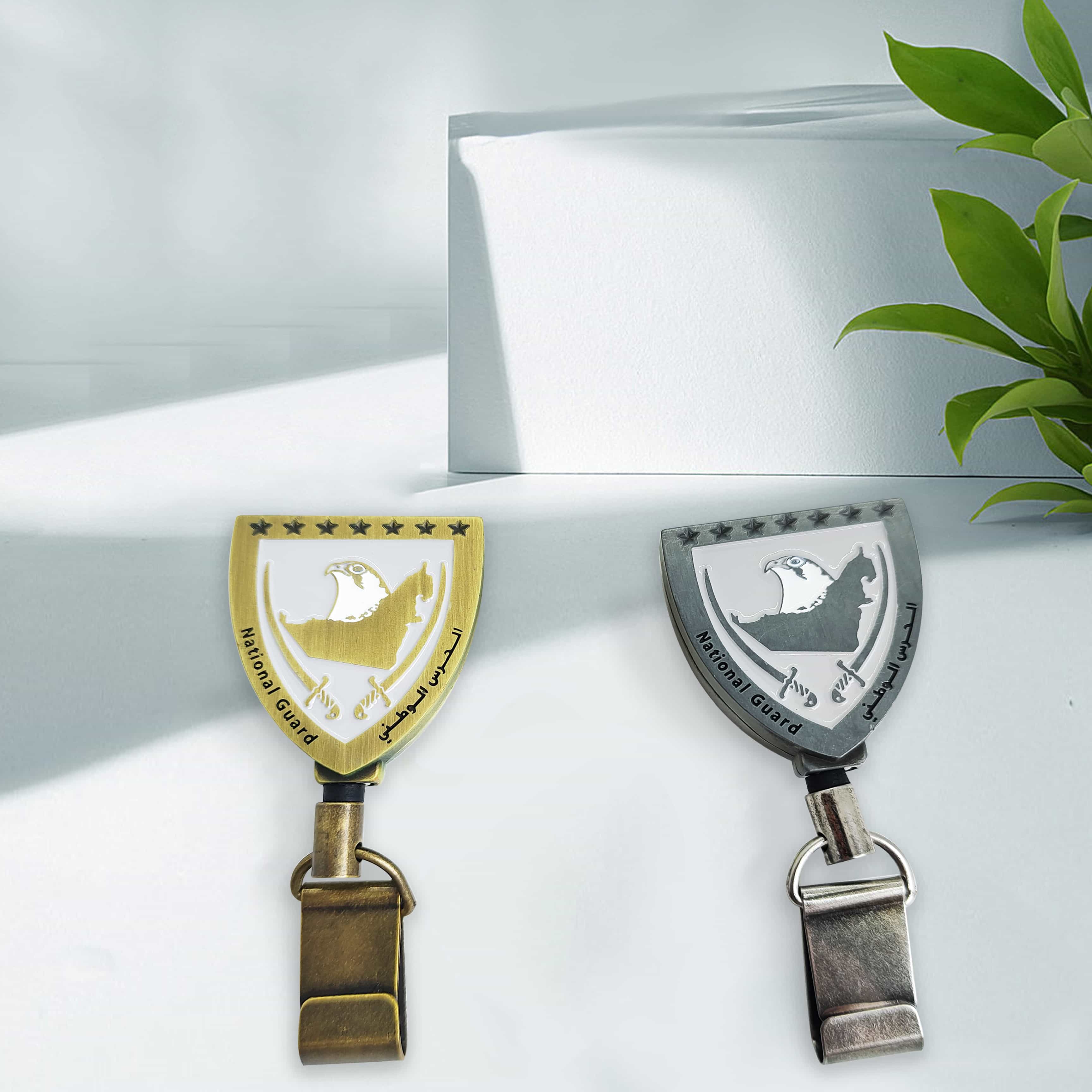 UAE Themed Eagle National Emblem Design Custom Metal Leather Accessories Logo Tags Retractable Badge Reels Souvenirs