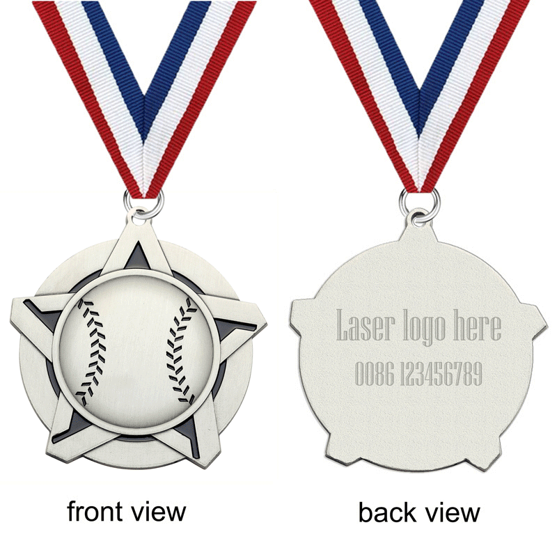 Custom Sports Event Baseball Star Medal with Gold, Silver, and Bronze Plating for Participants and Winners with Red, White, and Blue Ribbon