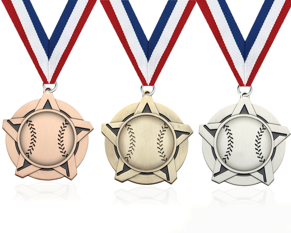 Custom Sports Event Baseball Star Medal with Gold, Silver, and Bronze Plating for Participants and Winners with Red, White, and Blue Ribbon