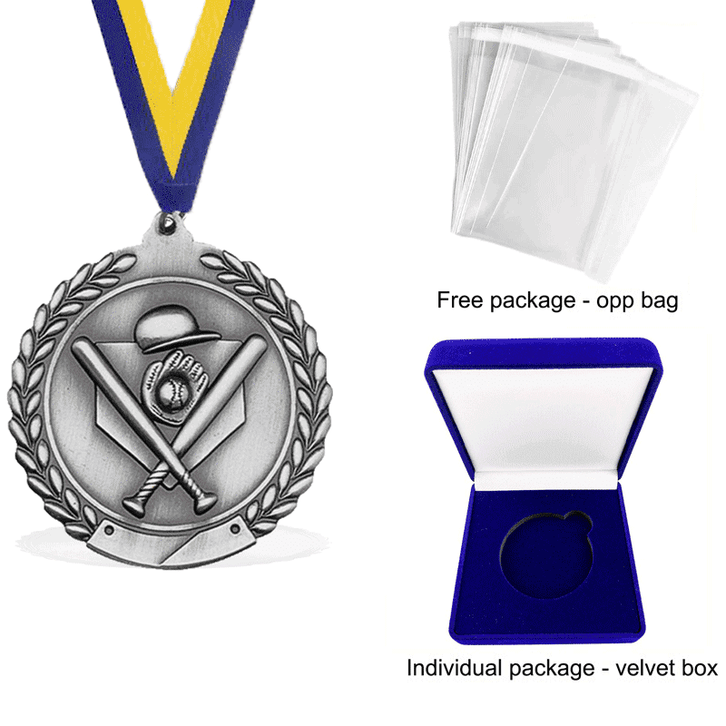 Custom Zinc Alloy Baseball Event Medals with Antique Gold, Silver, and Bronze Plating for Sports Clubs with Blue and Yellow Ribbon