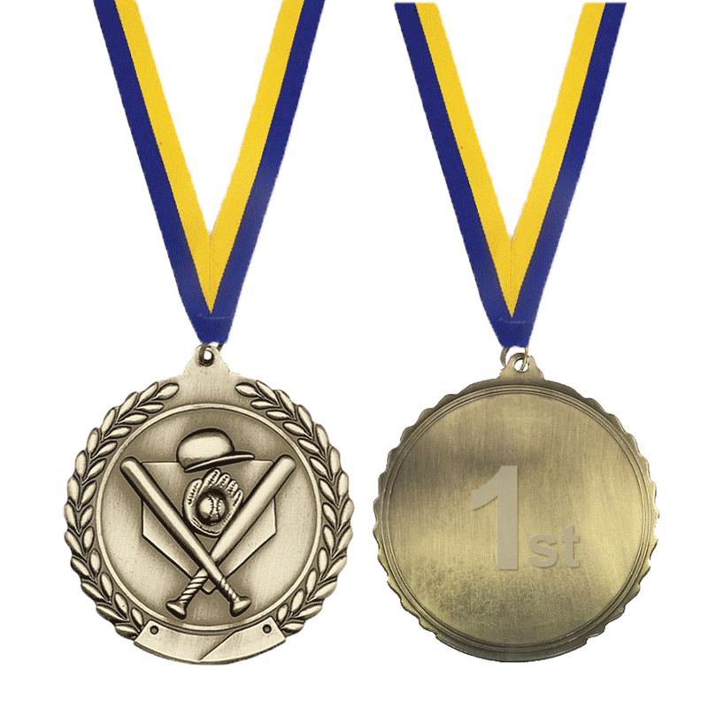 Custom Zinc Alloy Baseball Event Medals with Antique Gold, Silver, and Bronze Plating for Sports Clubs with Blue and Yellow Ribbon