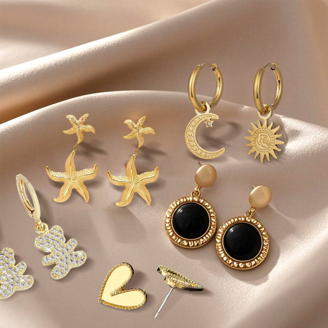 Creative Earrings with Starfish Moon Heart Eye Letter Design Rhinestone Inlay Anti-Allergy Accessories Gift Jewelry Factory Wholesale Custom