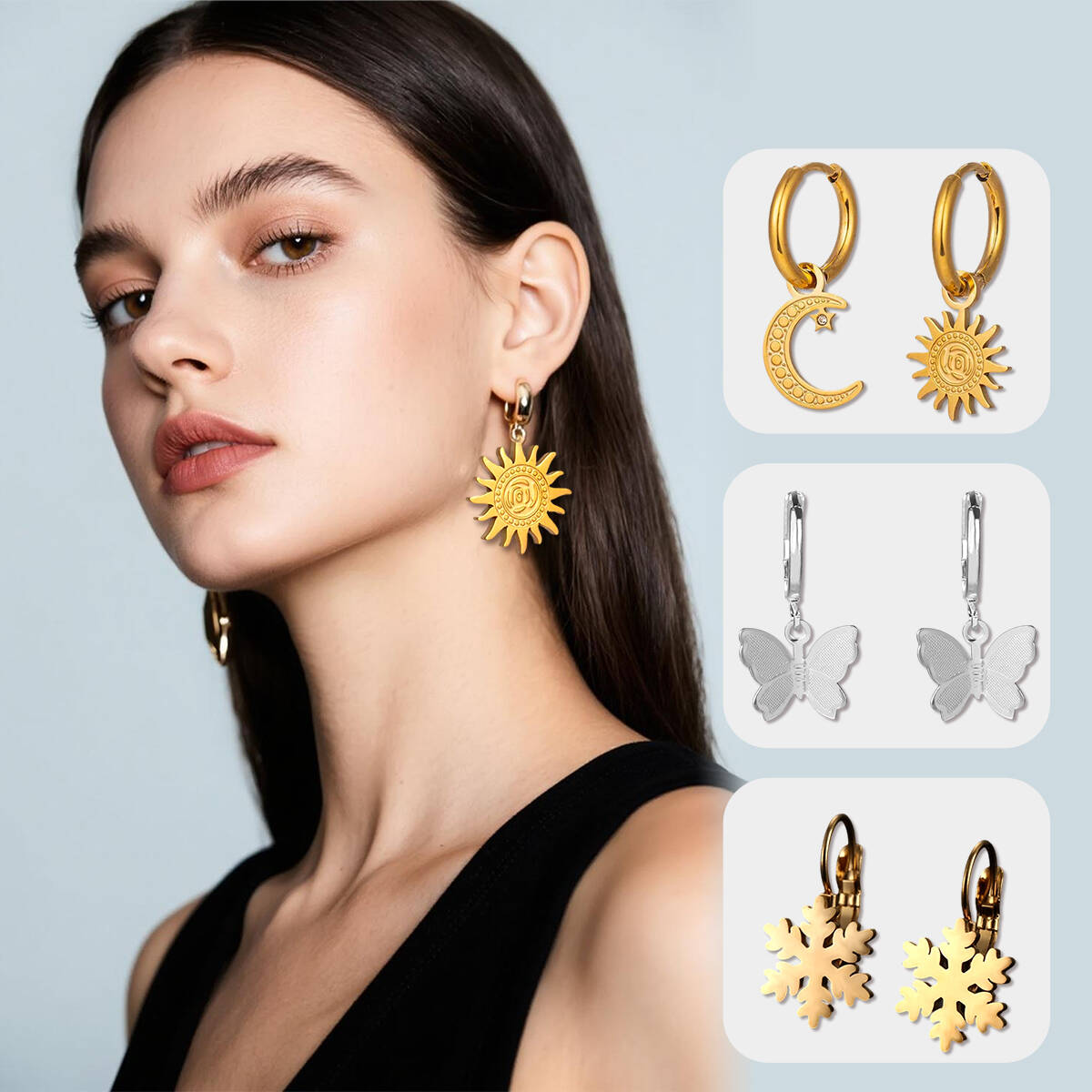 Custom Gold Plated Earrings with Sun Moon Snowflake Butterfly Flower Crown Fashion Accessories Trendy Jewelry Gift Wholesale from Source Factory