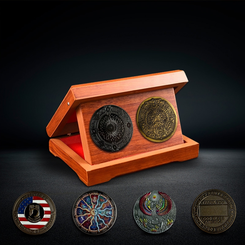 Custom Logo Pattern Deluxe Wooden Box Display Dual Coin Set with Ancient Civilization Maya Style Religious Theme Military Organization Elements