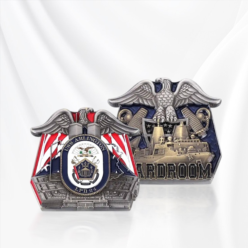 Custom U.S. Navy Warship-Shaped Red and Blue Eagle Artillery Cannon Pentagon Relief Commemorative Collectible Challenge Coins Badges