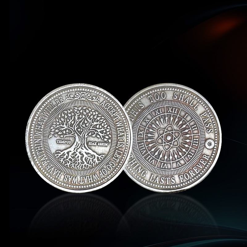 Custom Vintage Silver Gothic Latin Motto Tree of Life Atomic Clock Double-Sided Relief Metal Commemorative Collectible Coins with Serrated Edge