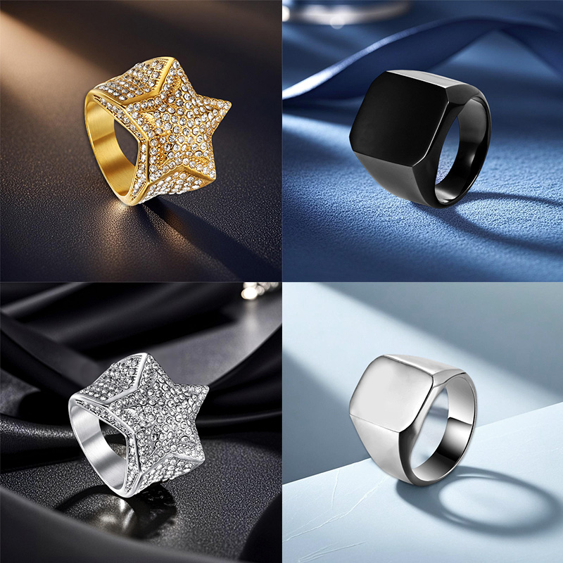 Factory Custom 3D Embossed Plated Star Finger Rings Rhinestones Solid Color Men Street Style Trendy Accessories Factory Custom Design Available